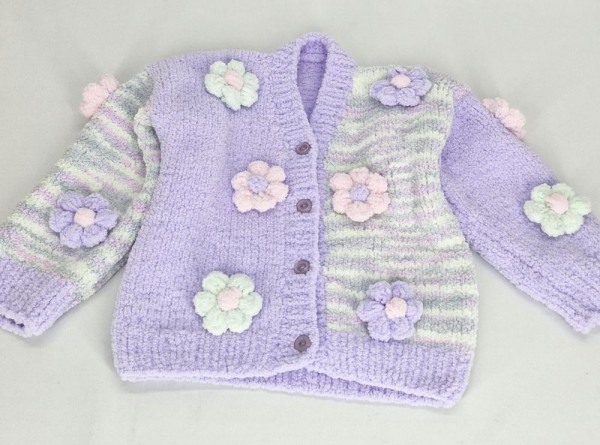 El Örgüsü Soft Peluş Bulutlu Kız Çocuk  Lila Hırka